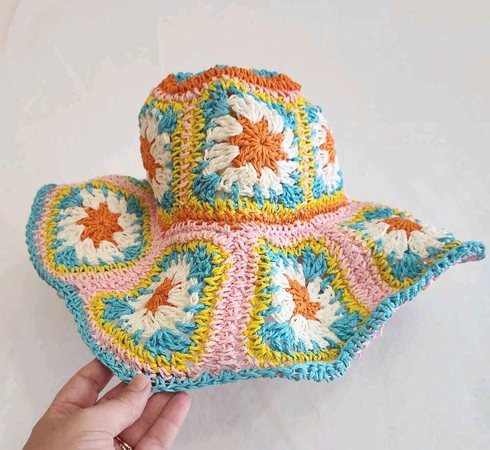 Handmade Vintage Crochet Bucket Hat Colorful Granny Squares Boho Festival Y2K